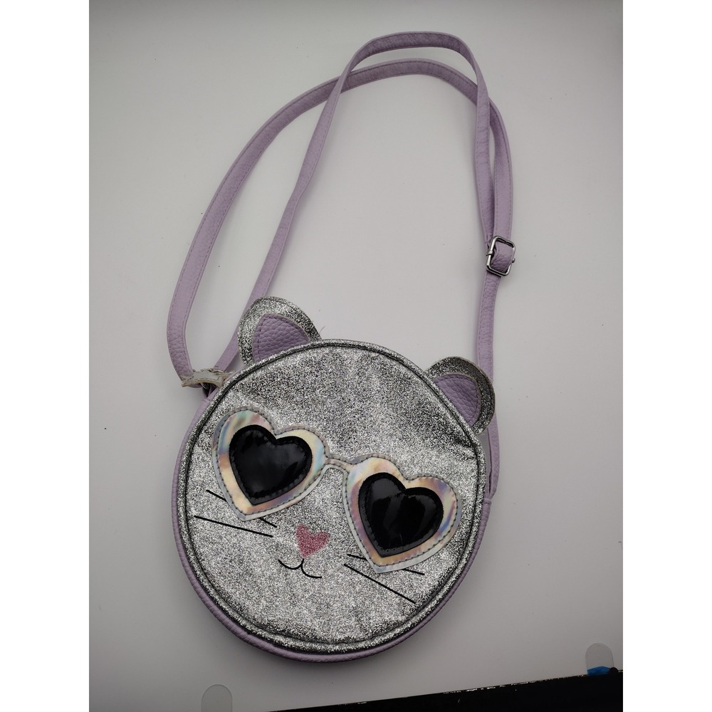 Girls Silver Glitter‎ Cat Face Crossbody Bag Lavender Heart Sunglasses Purse